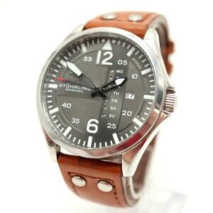 Stuhrling Original Mens Pilot Aviator Day Date 44mm Gray Watch  w New Battery